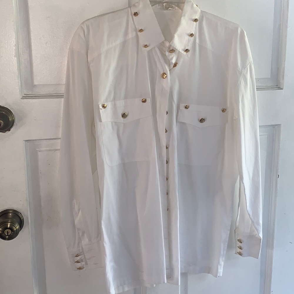 Escada White Button-Up Blouse with Gold Accents